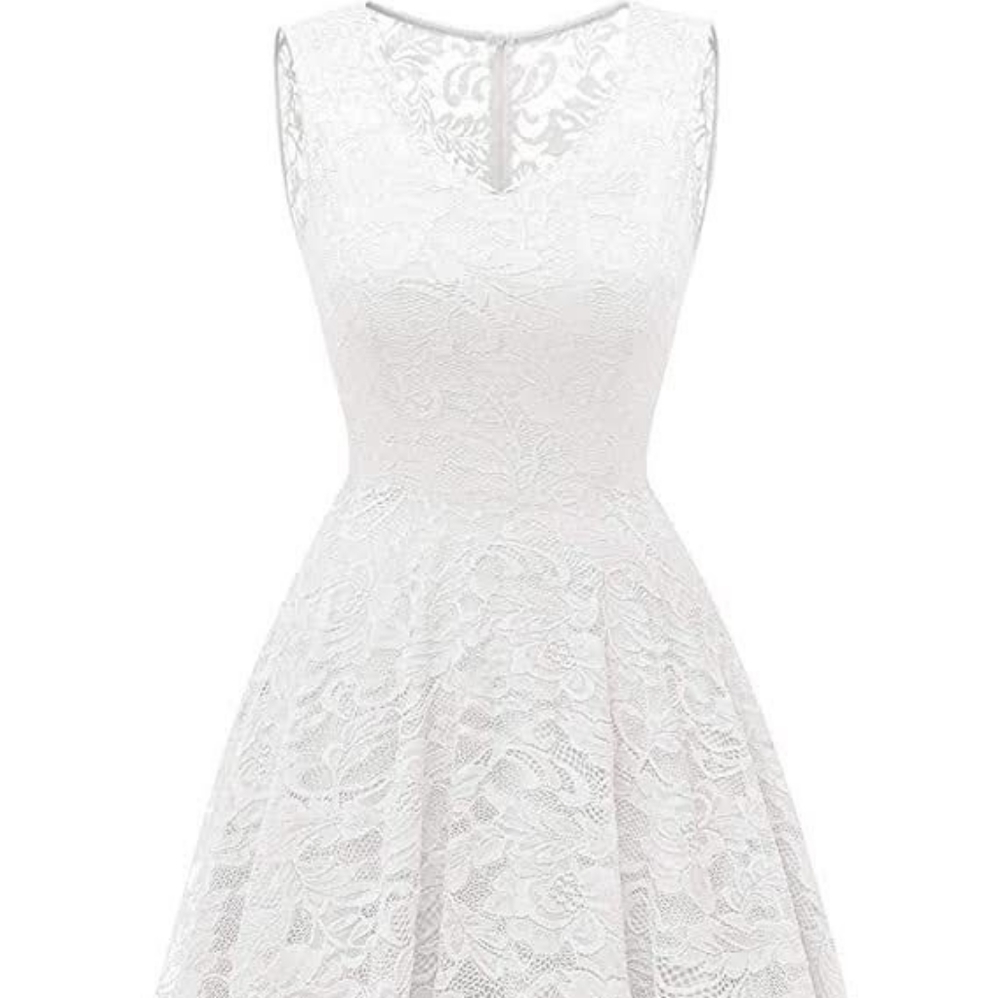White V-Neck Floral Lace Tea-Length Midi Dress- XL